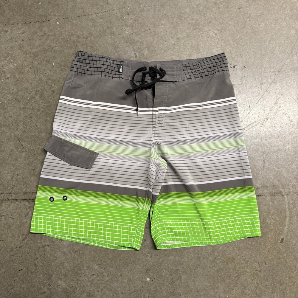 No Fear Mens Striped Board Shorts Grey Lime Green Cargo Pocket Swim Trunks 34‎